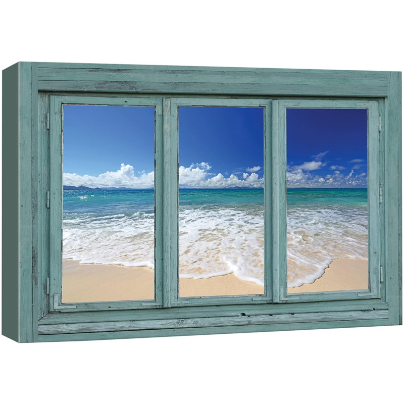 «Window View Blue Sandy Beach Paradise», reproduction sur toile, H 16 po x l 24 po