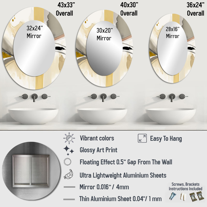 Touched By Mustard Yellow And Ultimate Gray IV - Yellow Modern Oval Wall Mirror, 36" x 24"