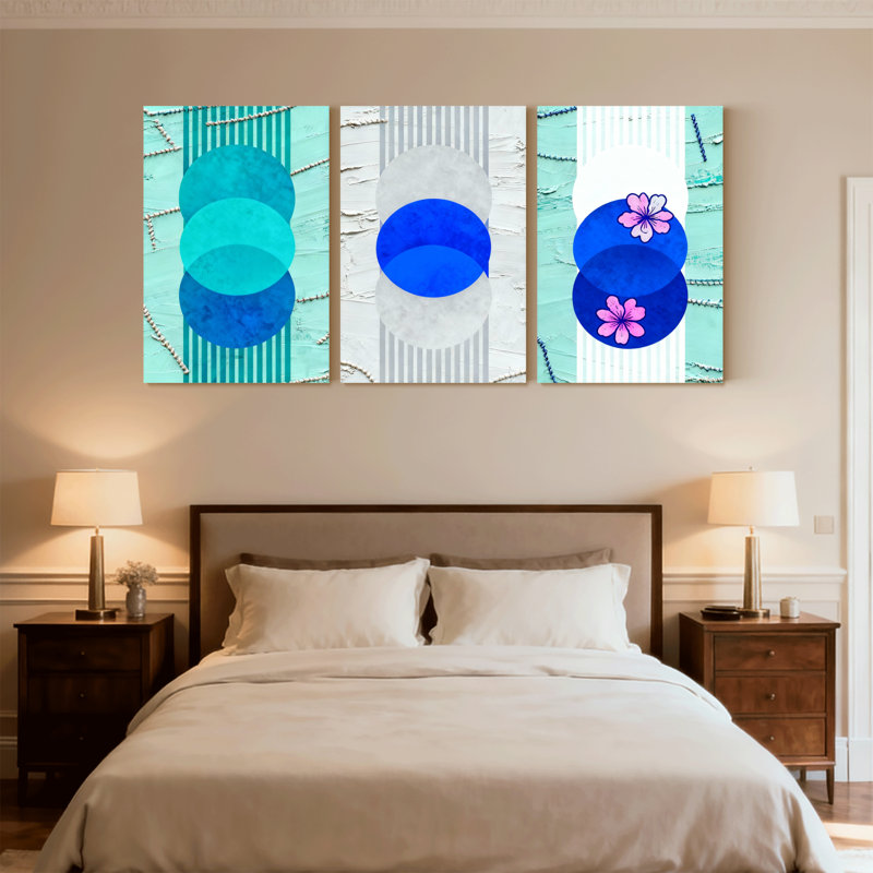 «Boho Contemporary», cercles bleus, rayures, motif de fleurs, ensemble de 3 impressions sur toile, H 18 po x l 36 po
