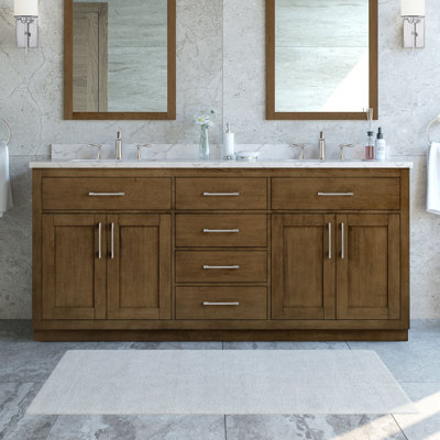 Athea 72 in. Double Sink Freestanding Almond Latte Bathroom Vanity with White Engineered Marble Top, Nickel Hardware
