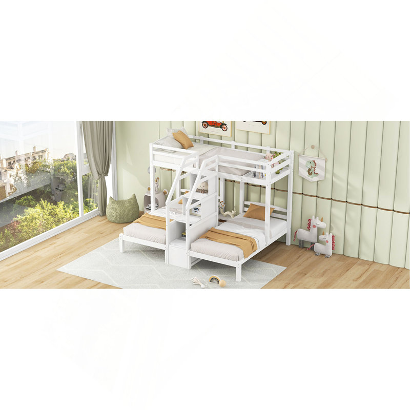 Triple lit superposé avec tiroirs, escalier avec rangement, tablettes intégrées, Blanc