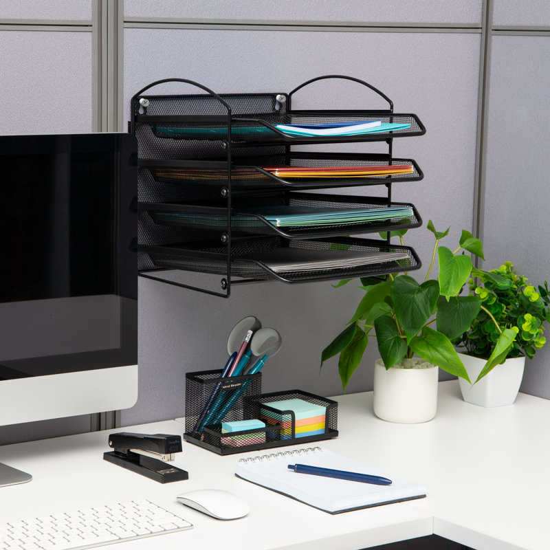 Black Metal Mesh 4-Tier Wall Mountable Letter Tray