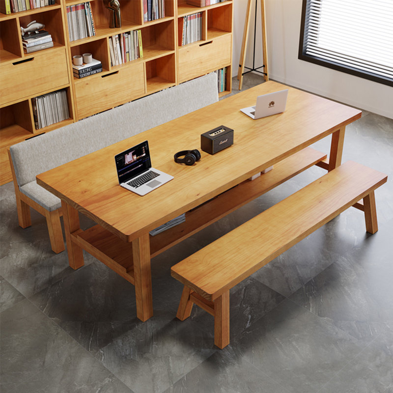 Bureau rectangulaire brun en bois massif, 29.53" H x 94.49" W x 39.37" D