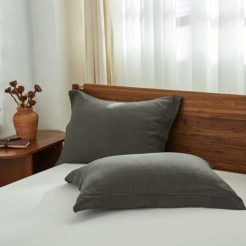 100% French Linen Pillowcase Set Of 2, Pure Flax Pillow Covers With Embroidered, King Pillowcase, Dark Gray