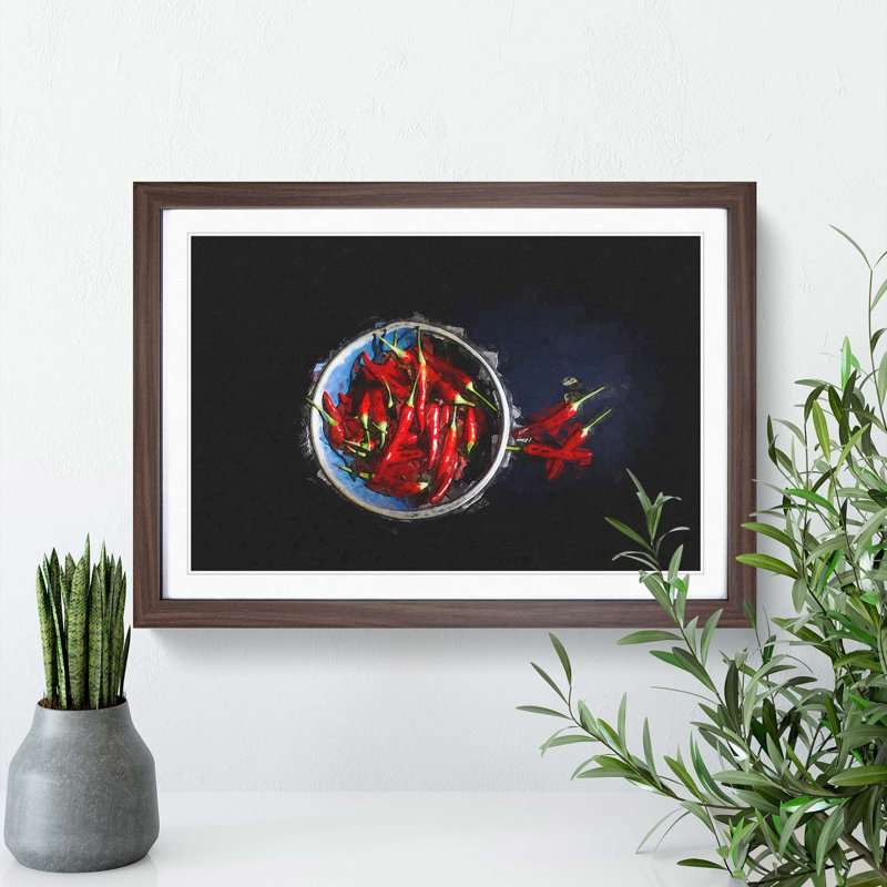 Red Chilli's in a Bowl in Abstract - Picture Frame Graphic Art Print on MDF, 27cm H x 36cm W x 2cm D, Walnut Framed