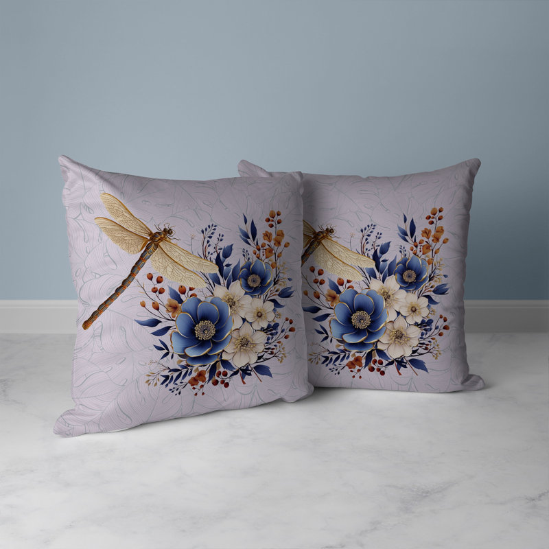 Coussin Dragonfly Haven, H 20 po x l 20 po, Bleu, mauve, crème
