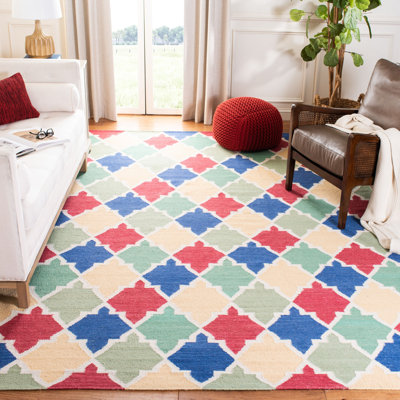 Rodgers Hand Woven Flat Weave Wool/Cotton Geometric Rug in Red/Blue/Green