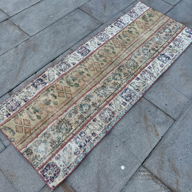 Antique Turkish Vintage Patchwork Runner Rug in Faded Green for Boho Style Decor