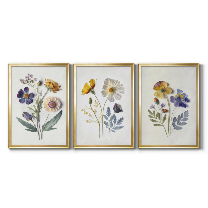 Pressed Flower Memories I - Toile tendue avec châssis sur mesure - 3 pièces, H 19 po x l 27 po, Doré