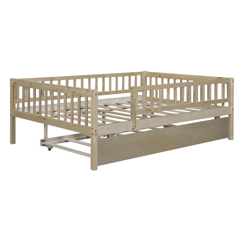 Wood Daybed With Trundle And Fence Guardrails, Natural, Full/Double