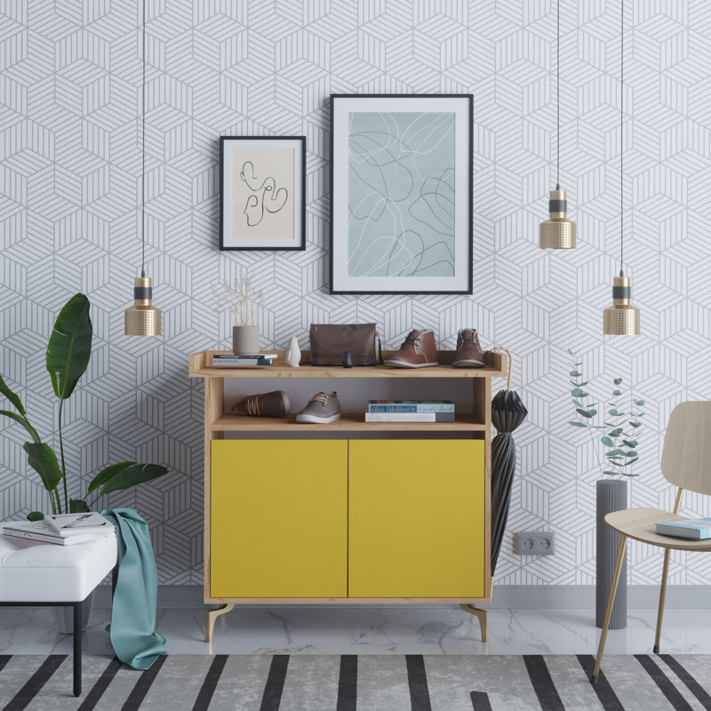 8 Pair Shoe Storage Cabinet, Gold/Oak/Yellow