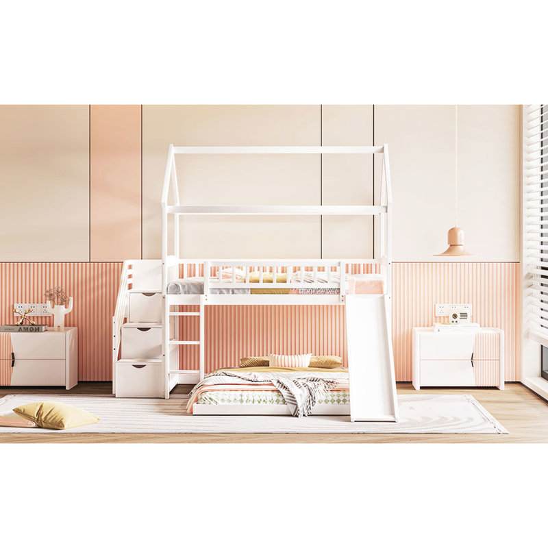Lit simple au-dessus d'un lit superposé blanc avec glissade - espace de rangement polyvalent et fonctionnel, Blanc