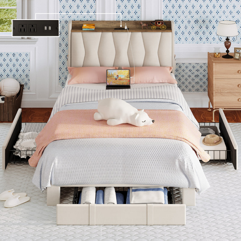 Upholstered Bed Frame with 3 Drawers, Bed with Storage Headboard and Charging Station, Twin, Beige