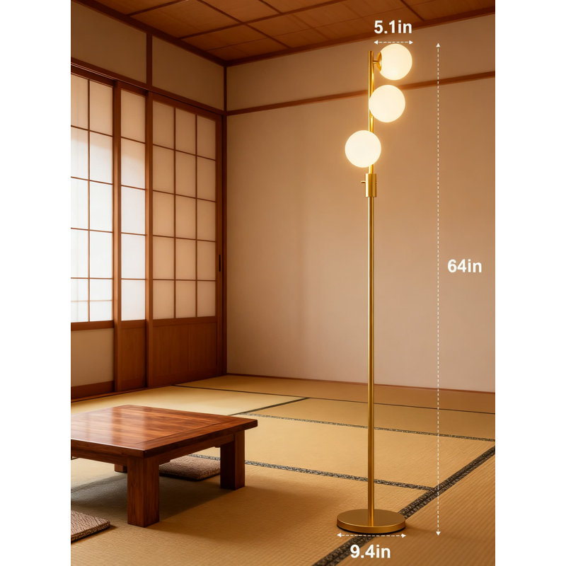 Mid Century Modern Globe Floor Lamp With Stepless Dimming, 64-Inch Tall Standing Lamp With 3 Warm White 3000K G9 Bulbs For Living Room And Bedroom