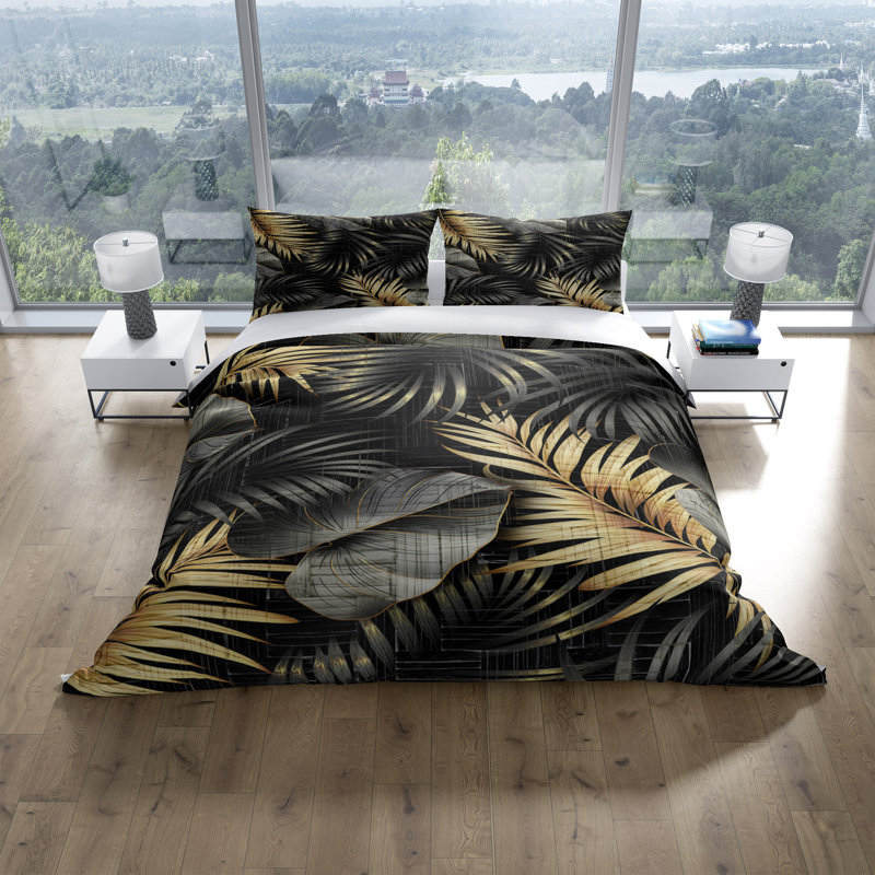  Ensemble de housse de couette à imprimé fougère Monstera, Housse de couette grand + 2 taies décoratives