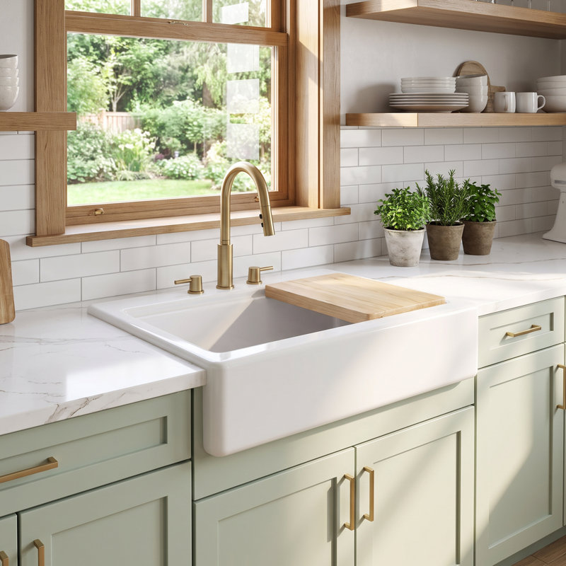 Parker 34" Crisp White Fireclay Quick-Fit® Drop-In Farmhouse Workstation Kitchen Sink with Rounded Apron Front, Single Bowl and 3 Faucet Holes