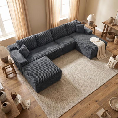 Canapé d'angle modulaire en velours côtelé de 135,4 pouces, canapé de sol rembourré avec 2 coussins décoratifs pour salon