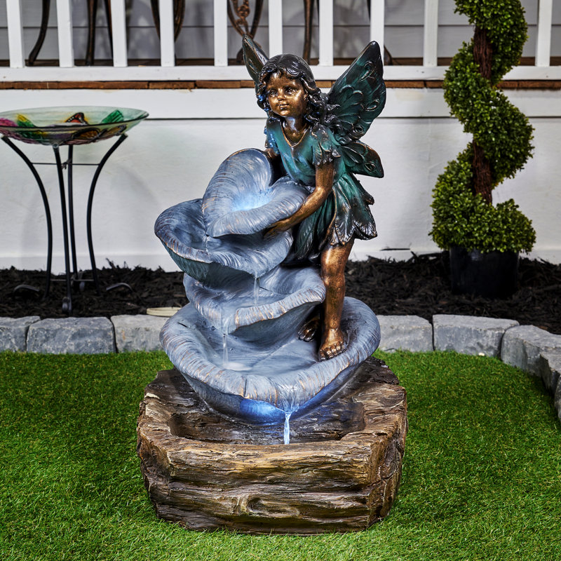 Fairy On The Rock Fountain with  2 White LEDS