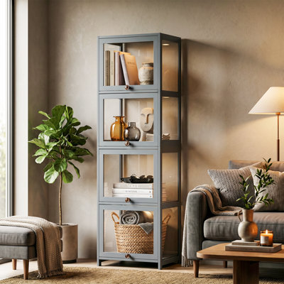 Vitrine à 4 niveaux avec porte rabattable en acrylique, bibliothèque vitrine pliable