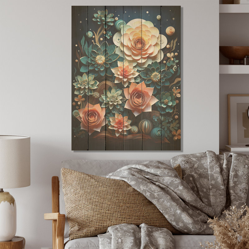 Cactus sarcelle crépuscule - Art mural en bois de cactus sur bois de pin naturel, H 32 po x l 24 po