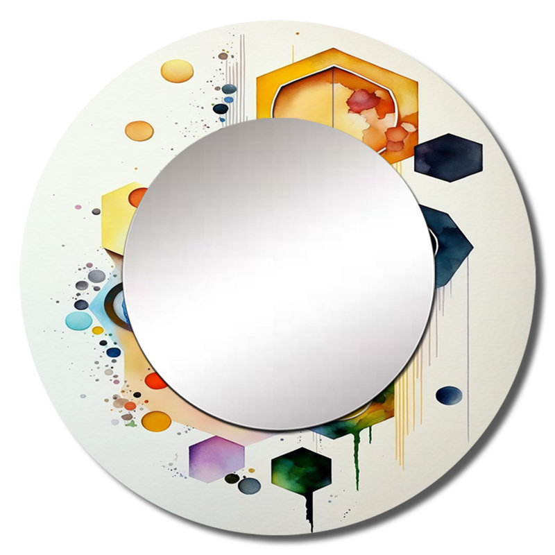 Stoyana hexagonal et circulaire abstrait II - miroir géométrique, miroir mural rond bleu, impression sur métal, 36 po x 36 po