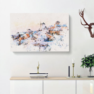 Oia Santorini Skyline in Greece Watercolour - Wrapped Canvas
