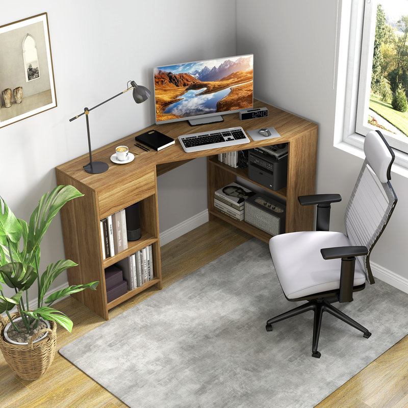 L-Shaped Computer Desk Compact Corner Executive Desk W/Storage-White, Natural