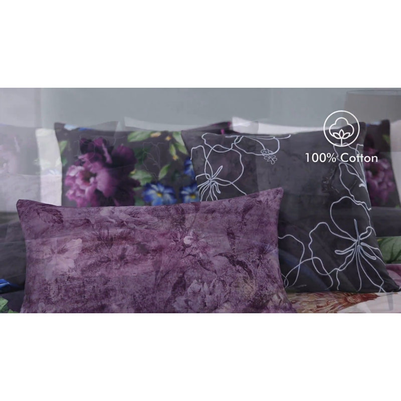 Elegant Blossoms Gray Cotton Queen Reversible Comforter Set