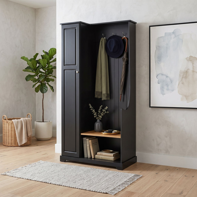 Arbre d'entrée avec banc de rangement rabattable, 3 crochets de suspension, tablettes réglables et armoire à chaussures haute pour vestibule