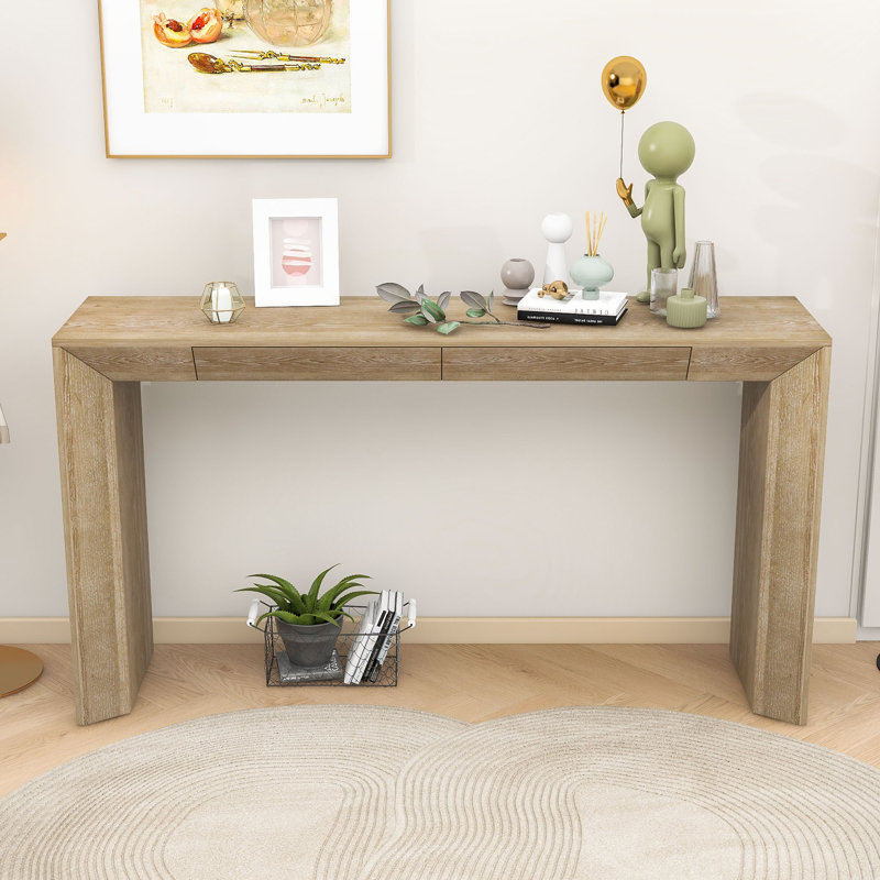 Elegant Waterfall Edge Console Table with Hidden Drawers, Natural