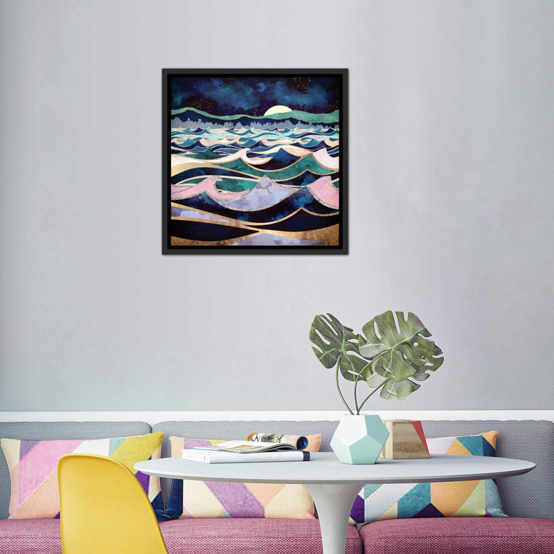 Océan au clair de lune - imprimé, Pas de tapis, H 37 po x l 37 po x P 1,5 po, Cadre flottant noir patiné