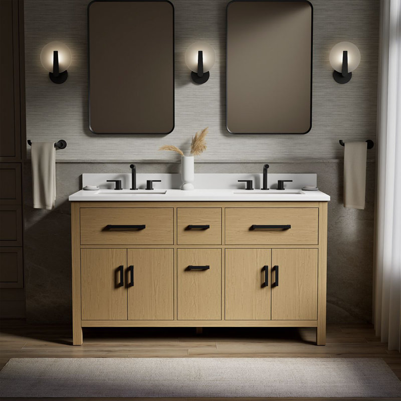 Kresla 60 In. Bathroom Vanity Cabinet With Sinks And Quartz Top, Light Oak, Matte Black, 60"