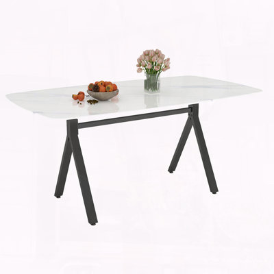 Rectangular Tempered Glass Dining Table with Marble Pattern