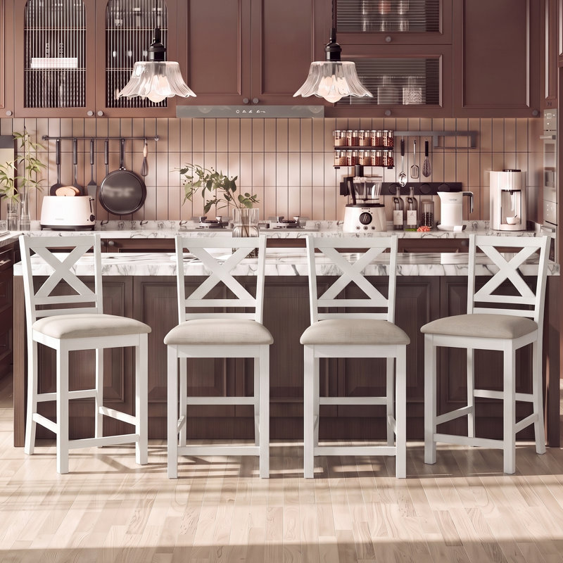 Tabouret de bar rembourré de 26 po en bois massif, Beige, Blanc