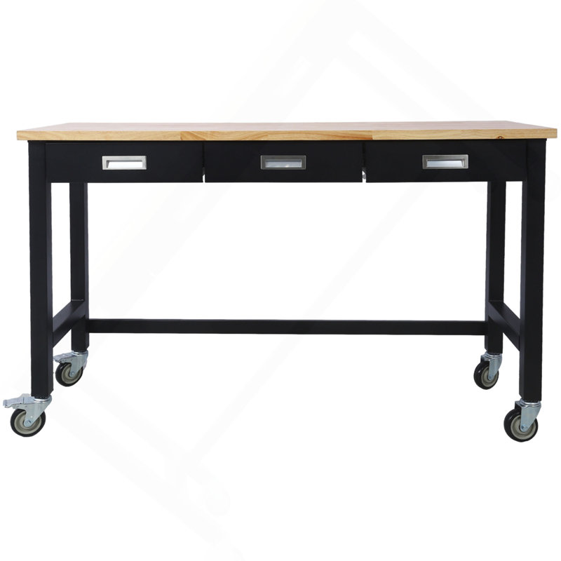 Banc de travail 60 po, banc de travail avec rangement de tiroir, table de travail en bois de bambou robuste avec roulettes pour le bureau à domicile