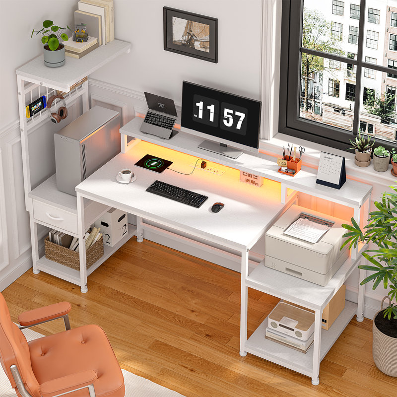 Gaming Desk With Hutch & Monitor Stand,Corner Computer Desk With LED Lights & Outlets For Home Office, White/White