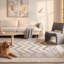 Tapis Fenwick moderne à rayures effet pinceau, bleu, gris et beige, lavable à la machine, antidérapant, à poils courts, pour intérieur et extérieur, adapté aux animaux domestiques, idéal pour le salon, la chambre, la salle à manger, l'entrée, le corridor ou le bureau.-362629596