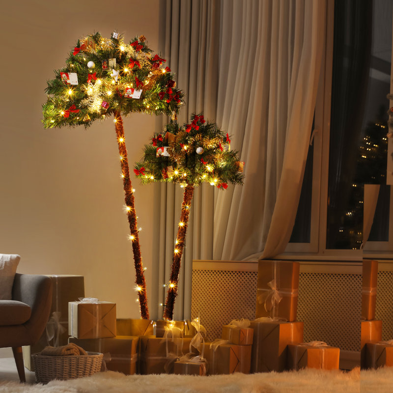 Arbre de Noël artificiel illuminé à double tronc 4,9 pi + 6,2 pi - Arbre de Noël tropical illuminé pour décoration intérieure et extérieure