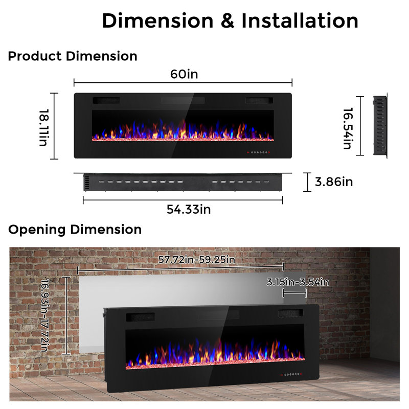 Foyer électrique encastré et mural avec télécommande et flamme réglable, H 18,1 po x l 60 po x P 3,86 po