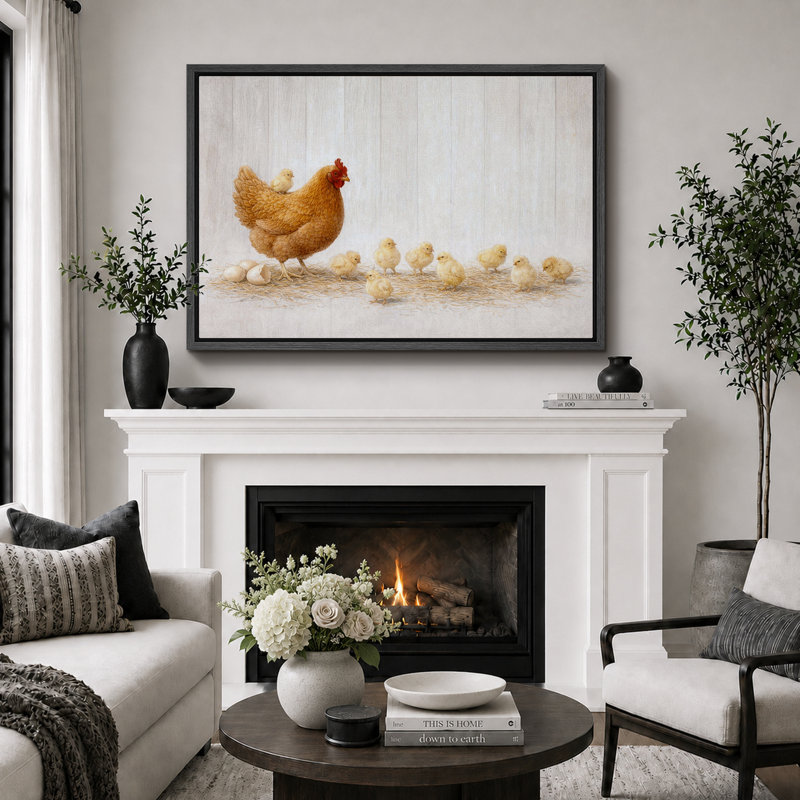 «Hen and Chicks Farmhouse Animal», cuisine, impression sur toile encadrée, H 24 po x l 36 po x P 1,5 po, Cadre noir