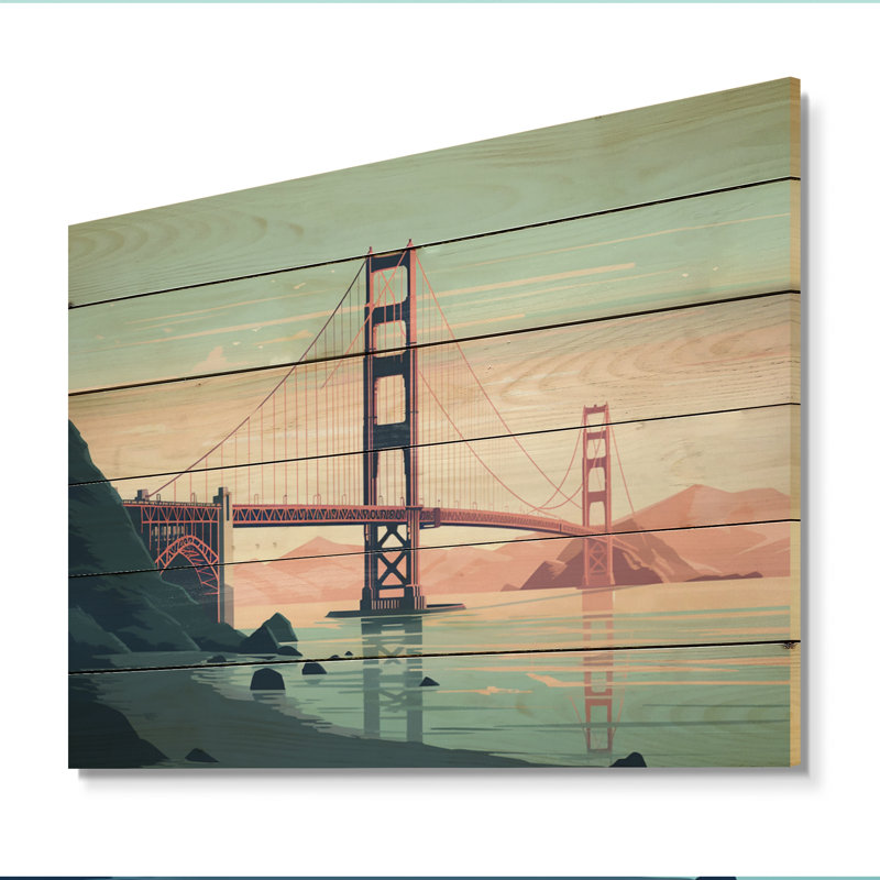 Golden Gate Bridge San Francisco II - reproduction de ville sur bois de pin naturel, H 24 po x l 32 po x P 0,78 po