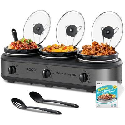 KOOC Triple Slow Cooker Buffet Server and Food Warmer 3x1.5 Quart Individual Temp Control With Lid Rests & Spoons With Liners Included Grey