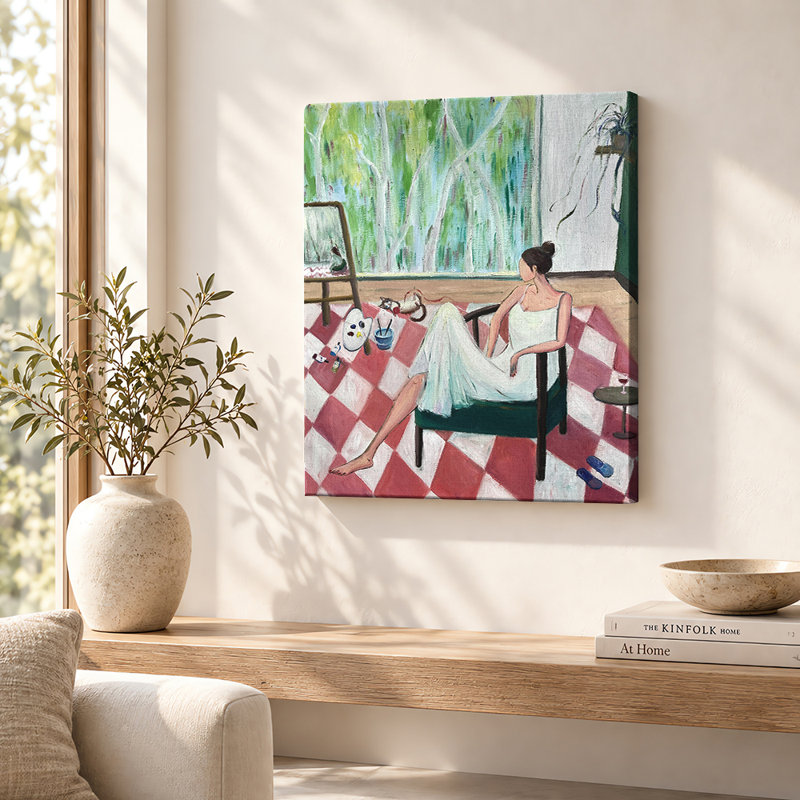 «Woman at Red Checkerboard Table», art mural, H 10 po x l 8 po, Cadre noir