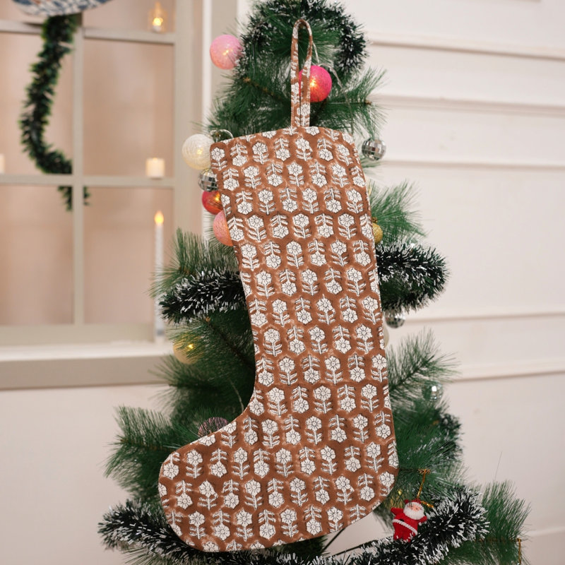  Chaussette de Noël imprimée à la main en bloc pour un jeûne saisonnier - Tulsi Buti, H 10 po x l 4,5 po