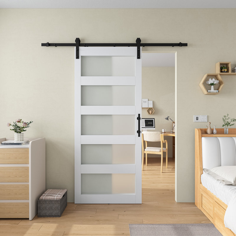 White Frosted Glass Paneled MDF Barn Door Kit with Matte Black Hardware