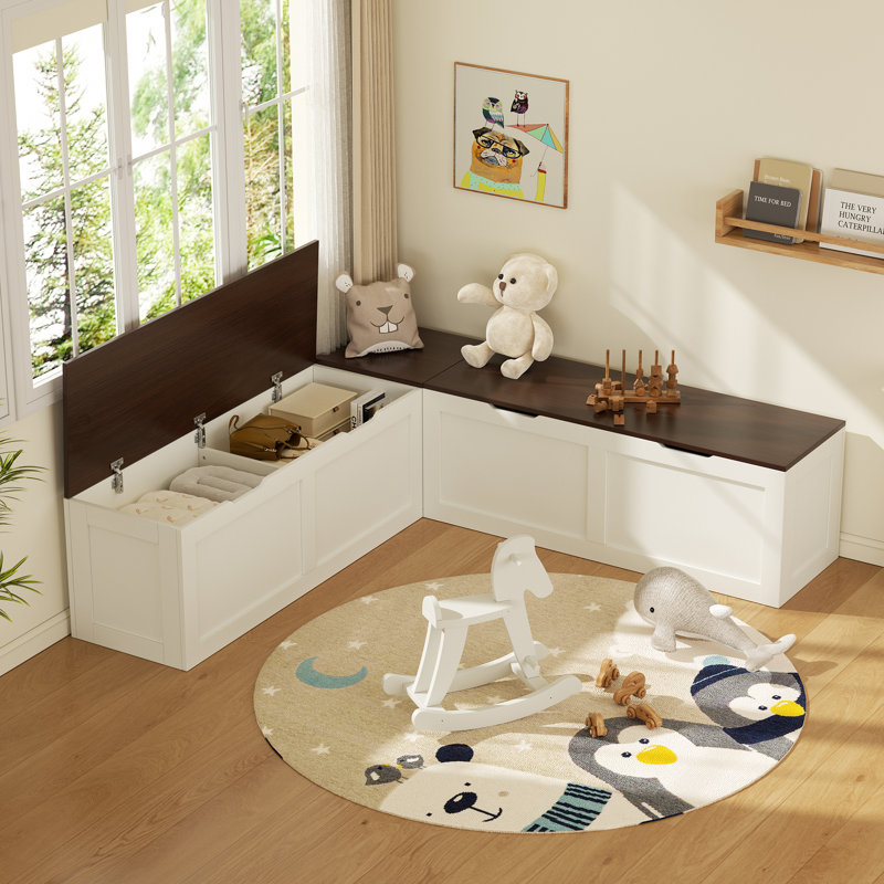 Élégant banc de rangement en L pour coin-repas de cuisine, Blanc / Brun foncé