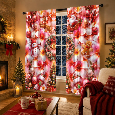 2Pcs Festive Christmas Floral Curtains, Santa Snowman Reindeer Gingerbread Man Pattern Light Filtering Window Drapes for Living Room Bedroom Kitchen, Rod Pocket, Holiday Home Decor,
