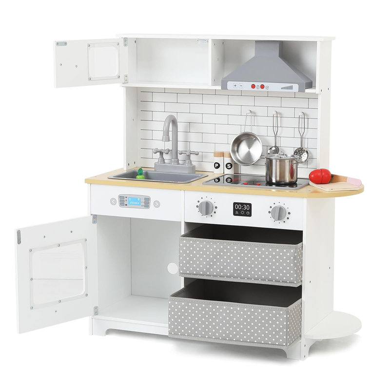 Modern Wooden Play Kitchen for Kids, 33.4 in Toddler Pretend Play Kitchen Set - Lights & Sounds - Microwave/Oven/basin - Storage Baskets - Cookware - White