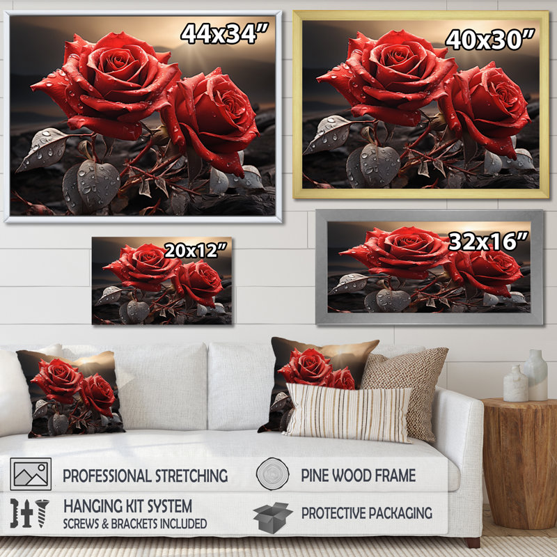 Champ de roses rouges et noires avec coucher de soleil, H 12 po x l 20 po x P 1 po, Cadre flottant noir