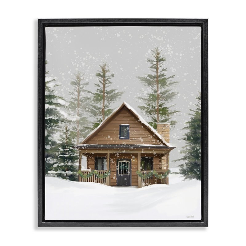 Cadre flottant Cozy Snowy Forest Cabin, conçu par House Fenway, Cadre flottant noir de jais, H 21 po x l 17 po